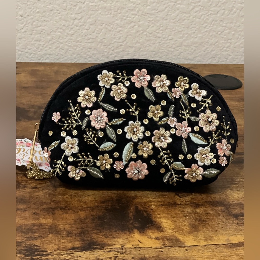 Black and Pink Floral Embroidered Cosmetic Bag